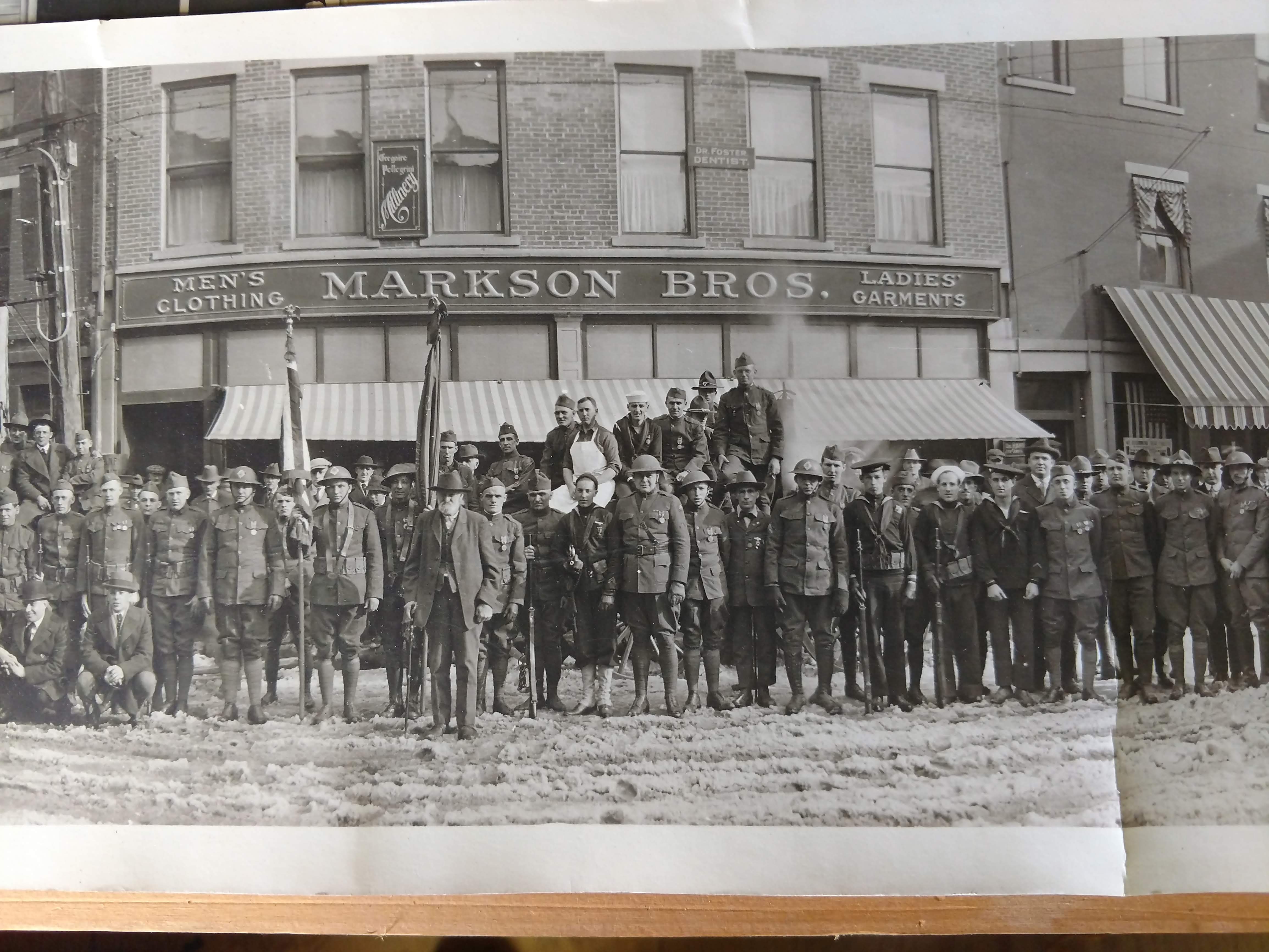 Veterans of the 103rd Infantry Regiment on Water Street in Augusta, ca 1919